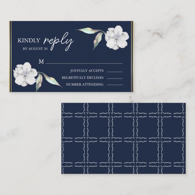 Elegant Navy Blue Floral Wedding RSVP Begleitkarte (Vorne/Hinten)