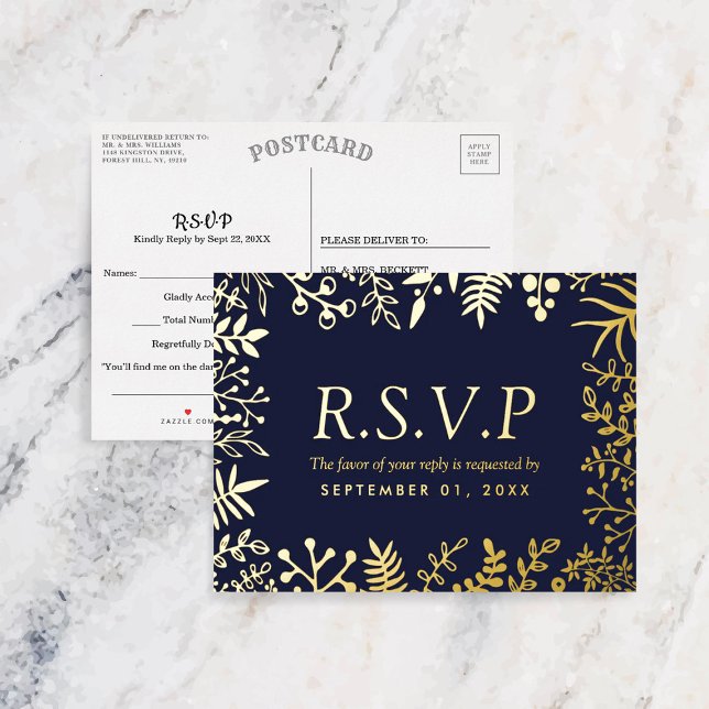 Elegant Navy Blue Floral Wedding RSVP Real Folie Einladungspostkarte (Von Creator hochgeladen)