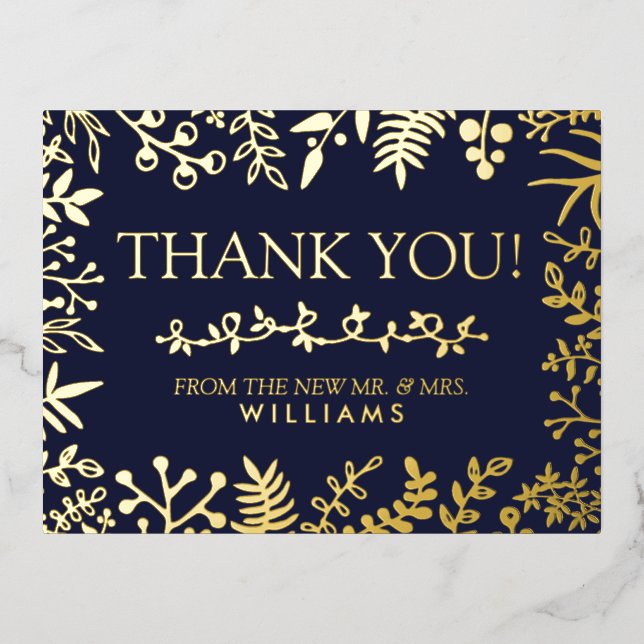 Elegant Navy Blue Floral Wedding Vielen Dank Folie Einladungspostkarte (Vorderseite)