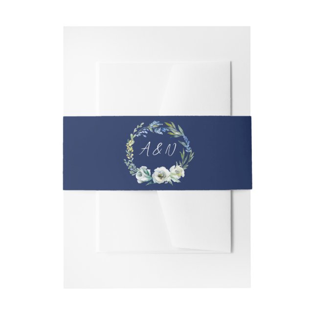 Elegant Navy Blue Floral Wreath Monogram Wedding Einladungsbanderole (Vorderseite Beispiel)