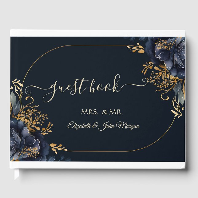 Elegant Navy Blue Flowers Gästebuch (Vorderseite)