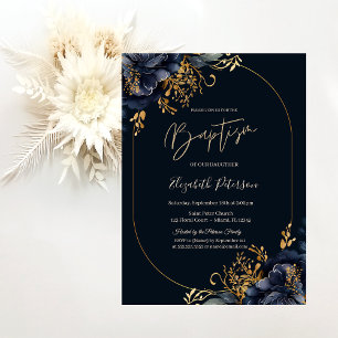 Elegant Navy Blue Flowers Taufe Einladung