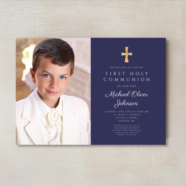 Elegant Navy Blue Foto Boy First Communation Einladung (Elegant Navy Blue Photo Boy First Communion Invitation)