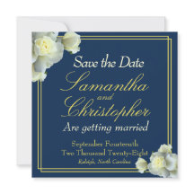 Elegant Navy Blue Foto Gold Script White Rose