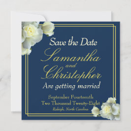 Elegant Navy Blue Foto Gold Script White Rose Save The Date