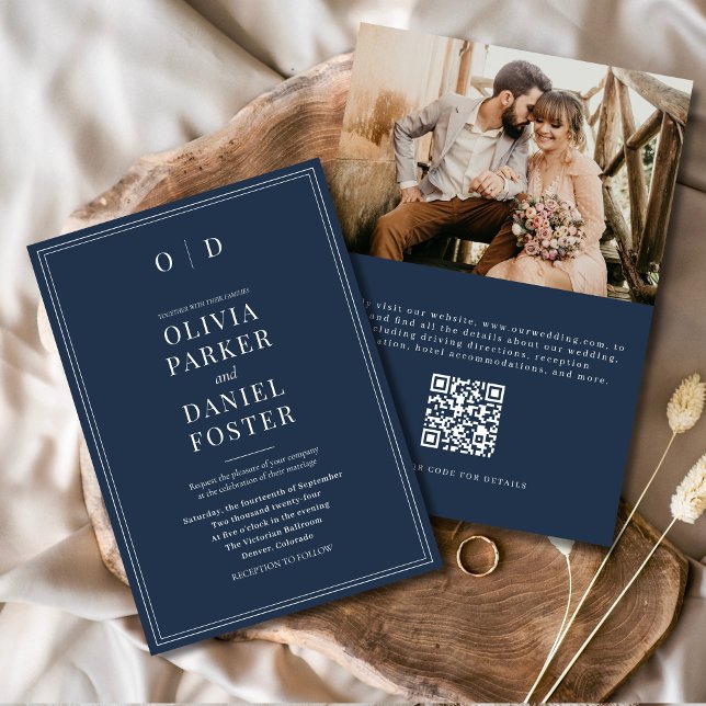Elegant Navy Blue Foto QR Code Hochzeit Einladung (Von Creator hochgeladen)