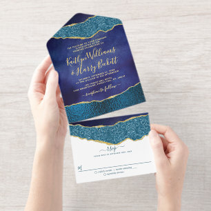 Elegant Navy Blue Geode Agate Wedding Real Foil All-in-One-Einladung