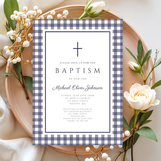 Elegant Navy Blue Gingham Boy Baptism Einladung (Elegant Navy Blue Gingham Boy Baptism Invitation)