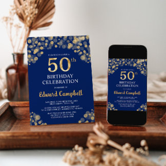 Elegant Navy Blue & Gold 50. Geburtstag Einladung