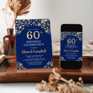 Elegant Navy Blue & Gold 60. Geburtstag Einladung