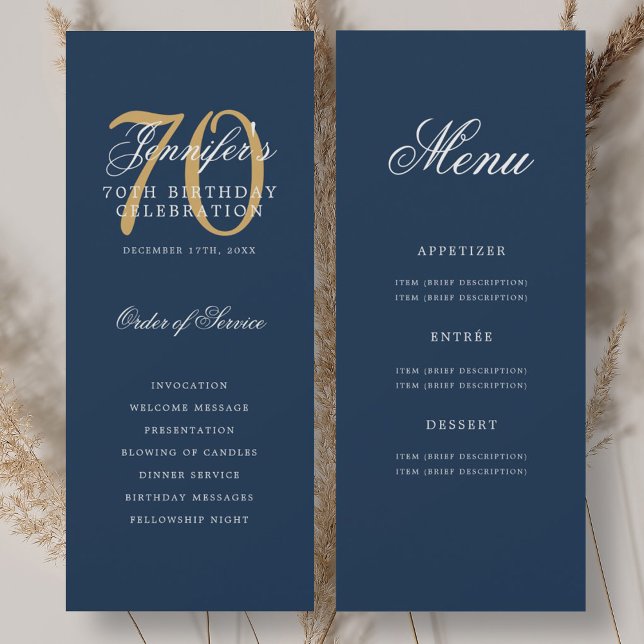 Elegant Navy Blue Gold 70. Geburtstag Programm Men (Elegant Navy Blue Gold 70th Birthday Program Menu)