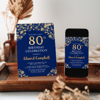 Elegant Navy Blue & Gold 80. Geburtstag Einladung