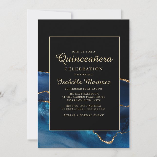 Elegant Navy Blue Gold Agate Marble Quinceañera Einladung (Vorderseite)