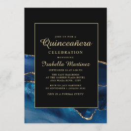 Elegant Navy Blue Gold Agate Marble Quinceañera Einladung