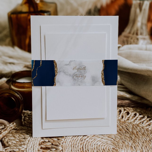 Elegant Navy Blue Gold Agate Marble Wedding Einladungsbanderole (Von Creator hochgeladen)