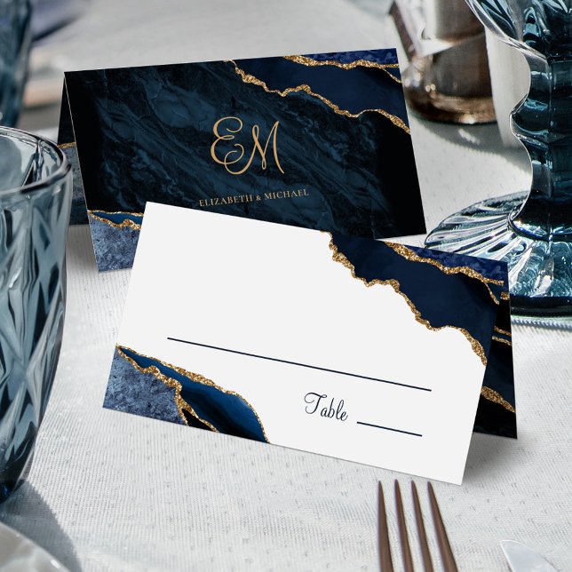 Elegant Navy Blue Gold Agate Monogram Wedding Platzkarte (Von Creator hochgeladen)