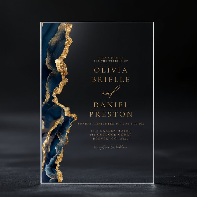 Elegant Navy Blue Gold Agate Wedding Acryleinladungen (Von Creator hochgeladen)
