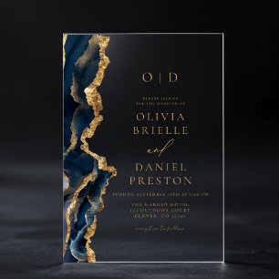 Elegant Navy Blue Gold Agate Wedding Monogram Acryleinladungen