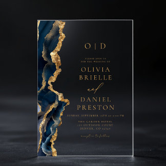 Elegant Navy Blue Gold Agate Wedding Monogram Acryleinladungen