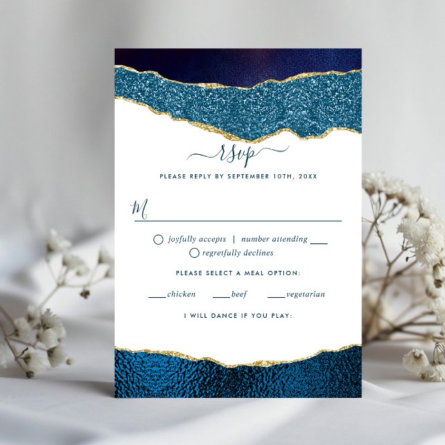 Elegant Navy Blue & Gold Agate Wedding RSVP Karte (Von Creator hochgeladen)
