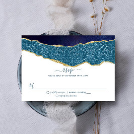 Elegant Navy Blue & Gold Agate Wedding RSVP Karte