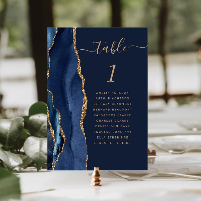Elegant Navy Blue Gold Agate Wedding Tischnummer (Von Creator hochgeladen)