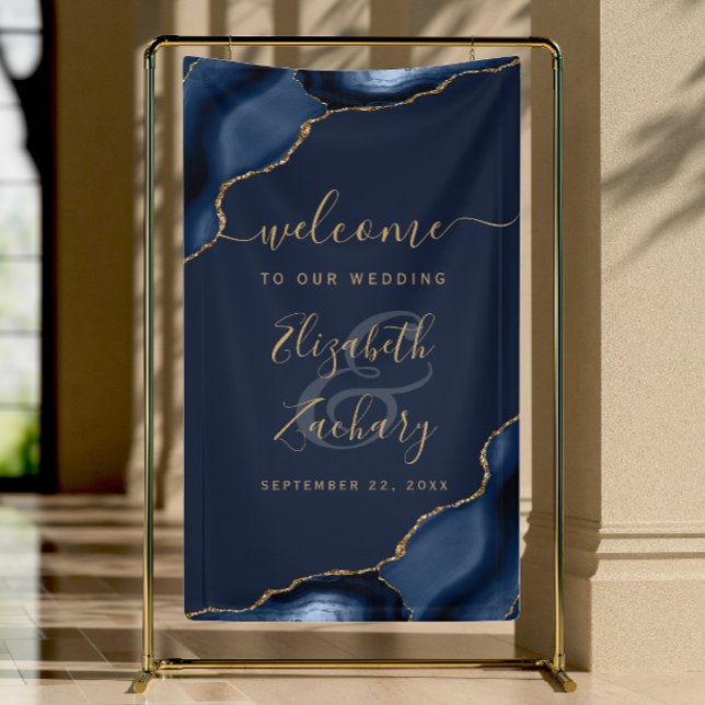 Elegant Navy Blue Gold Agate Wedding Welcome Banner (Von Creator hochgeladen)