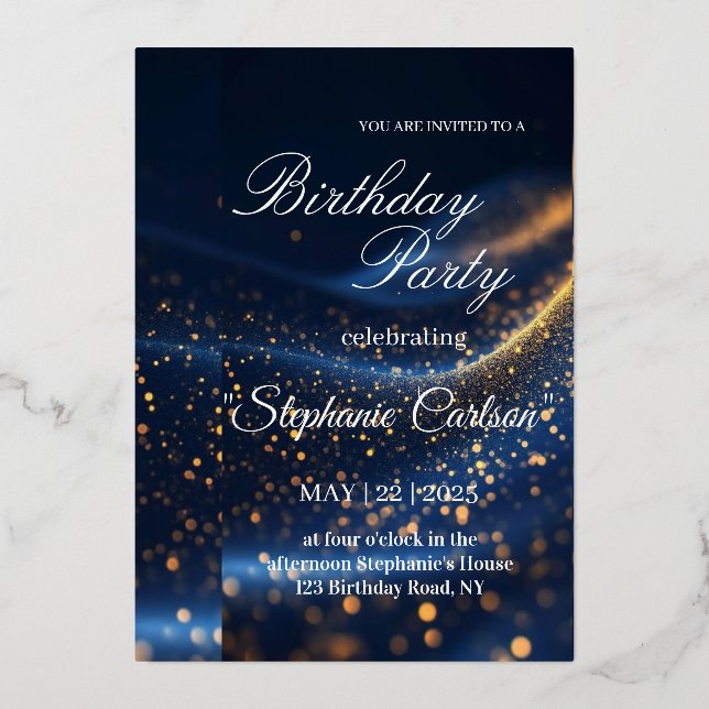 Elegant Navy Blue & Gold Birthday Party Invitation Folieneinladung (Vorderseite)