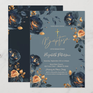 Elegant Navy Blue Gold Blume Taufe Einladung