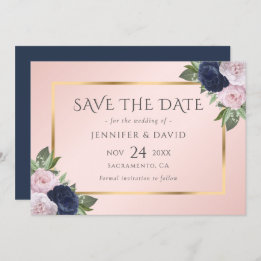Elegant Navy Blue Gold Blush Pink Floral Save The Date