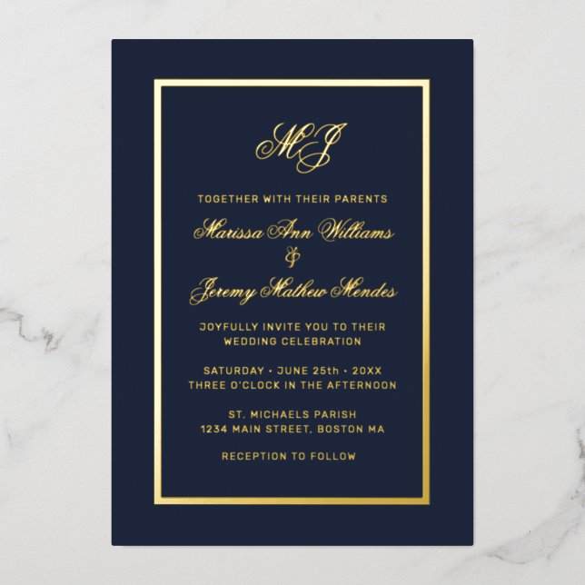 Elegant Navy Blue Gold Calligraphy Script Wedding Folieneinladung (Vorderseite)