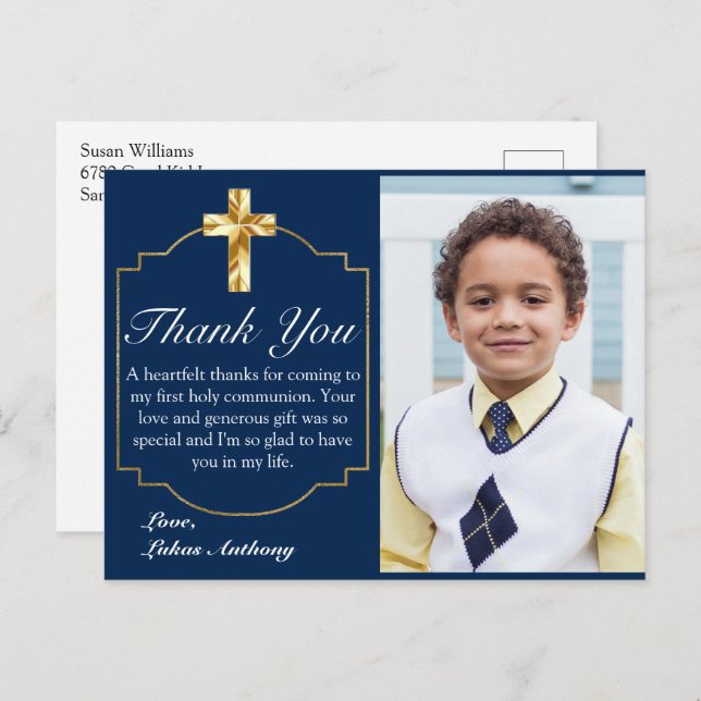 Elegant Navy Blue Gold Cross 1. Kommunion Vielen D Postkarte (Vorne/Hinten)