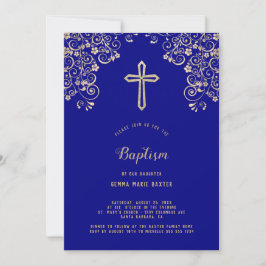 Elegant Navy Blue Gold Cross Taufen Einladung