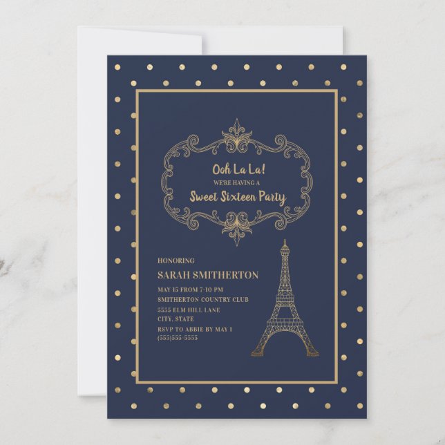 Elegant Navy Blue Gold Eiffelturm Sweet 16 Einladung (Vorderseite)