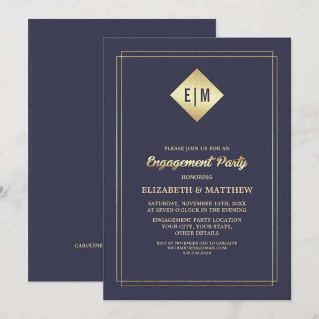 Elegant Navy Blue | Gold Engagement Party Einladung (Vorne/Hinten)