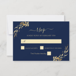 Elegant Navy Blue Gold Eucalyptus Foliage Wedding RSVP Karte