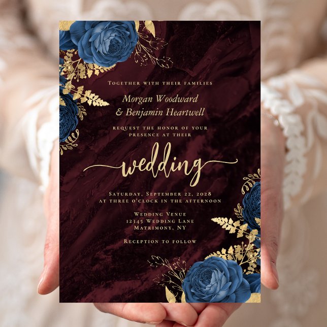 Elegant Navy Blue Gold Floral Burgundy Wedding Einladung (Von Creator hochgeladen)