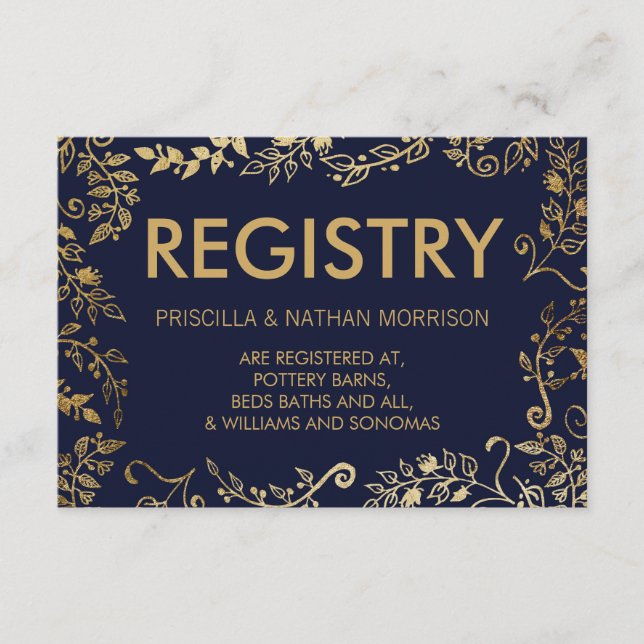 Elegant Navy Blue Gold Floral Gift Registry Begleitkarte (Vorderseite)