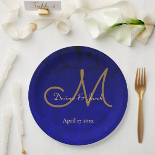 Elegant Navy Blue Gold Floral Monogram Pappteller