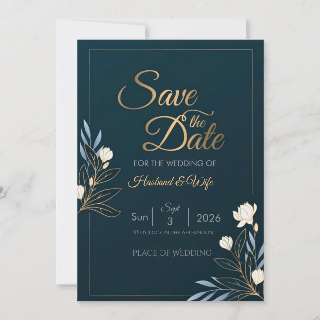 Elegant Navy Blue Gold Floral Save the Date Card (Vorderseite)