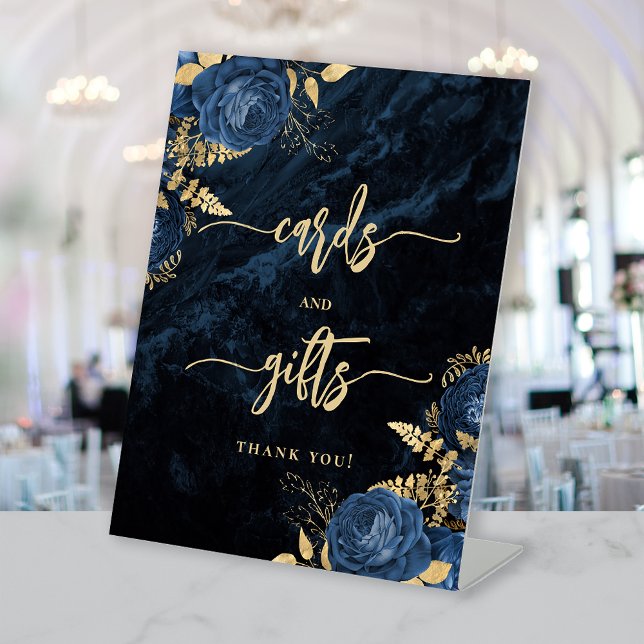 Elegant Navy Blue Gold Floral Wedding Cards Gifts Sockelschild (Von Creator hochgeladen)