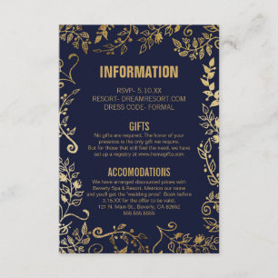 Elegant Navy Blue Gold Floral Wedding Info Begleitkarte