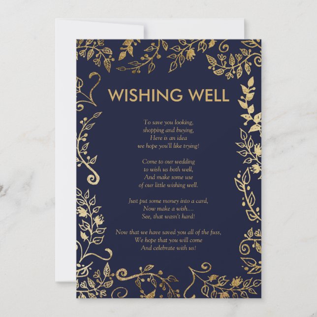 Elegant Navy Blue Gold Floral Wünschen Gut Einladung (Vorderseite)