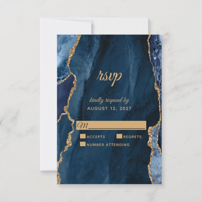 Elegant Navy Blue Gold Foil Agate Wedding RSVP Karte (Vorderseite)