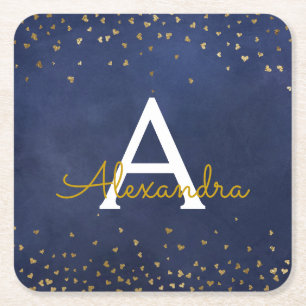 Elegant Navy Blue - Gold Foil Confetti Monogram Rechteckiger Pappuntersetzer