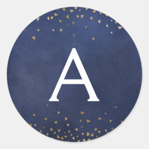 Elegant Navy Blue - Gold Foil Confetti Monogram Runder Aufkleber