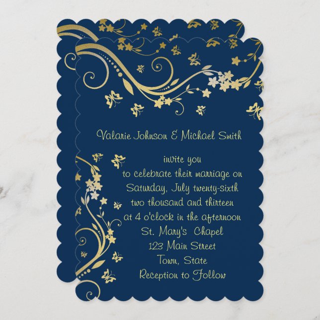 Elegant, Navy Blue, Gold Foil, Einladung zur Hochz (Vorne/Hinten)