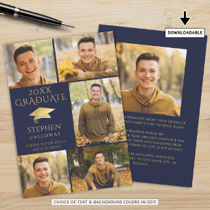 Elegant Navy Blue Gold Foto Collage Graduate Ankündigung