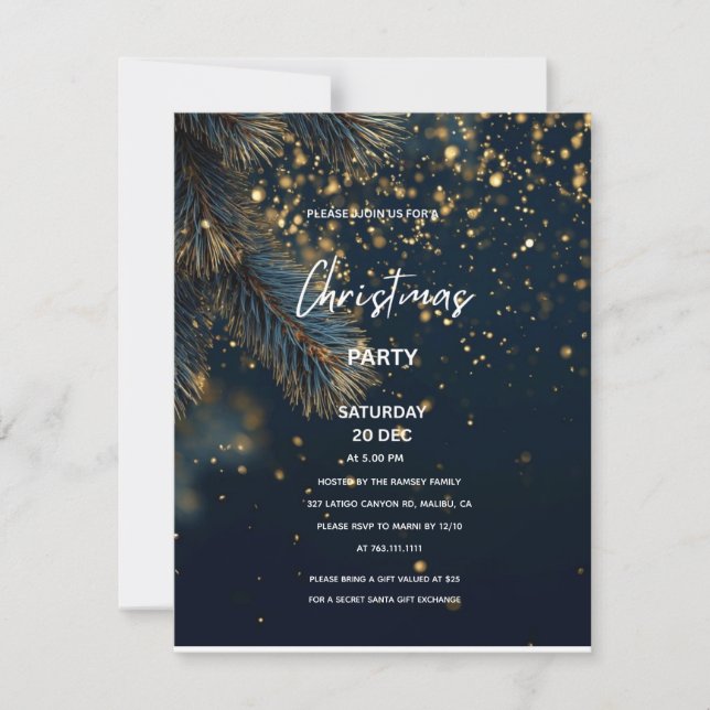 Elegant Navy Blue & Gold Glitter Party Christmas Einladung (Vorderseite)