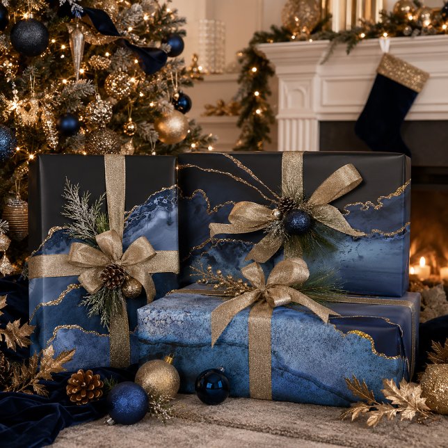 Elegant Navy Blue Gold Glitzer Marble Agate Geschenkpapier Set (Elegant blue marble wrapping paper-3 sheets-19"x29")